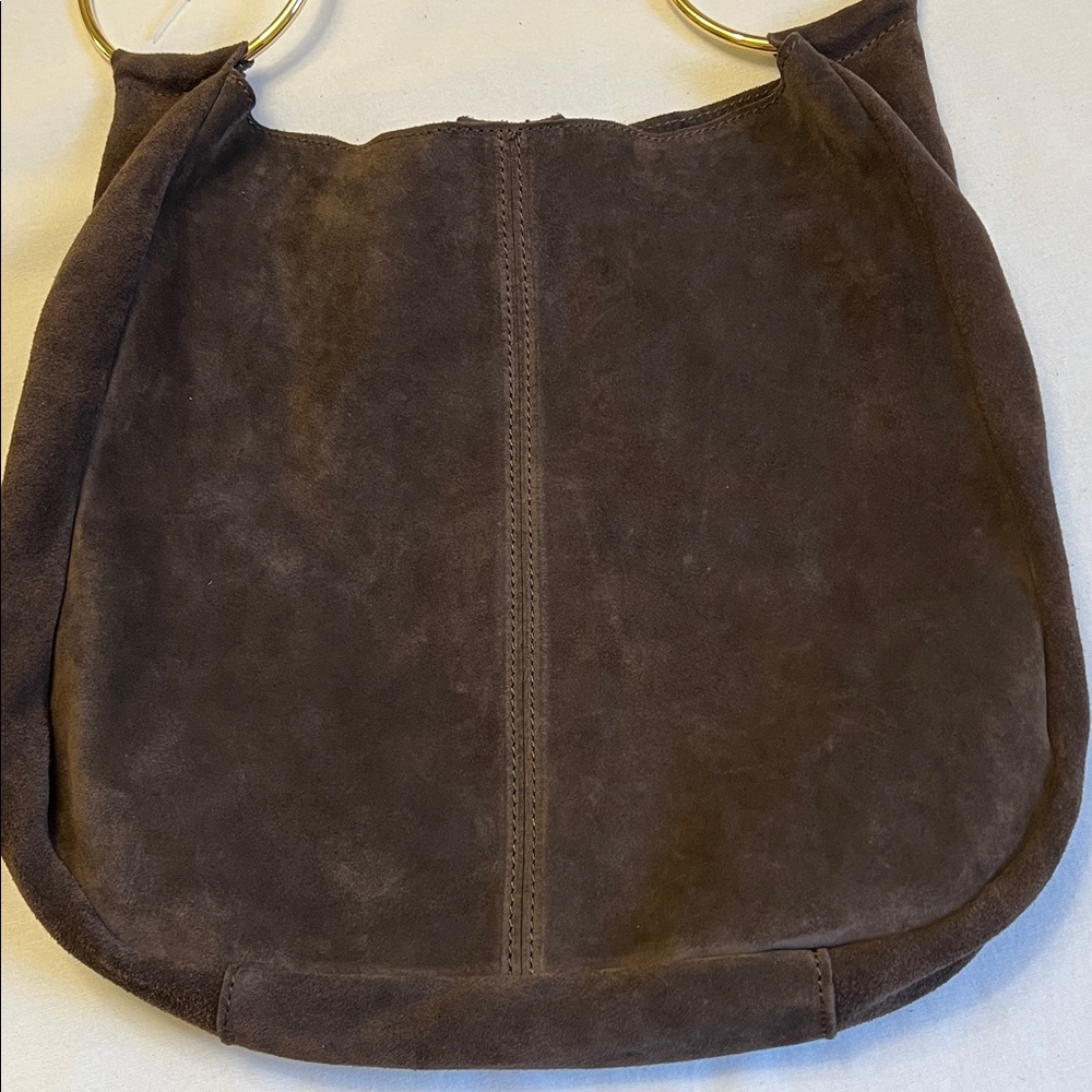 Claudia Firenze Suede Crossbody Slouchy Hobo Tote Bag Chocolate Brown Gold Ring - Picture 5 of 16